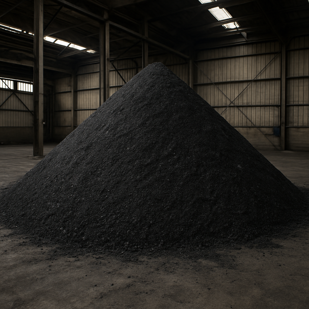 A pile of biochar in a factor. This image was made using AI.